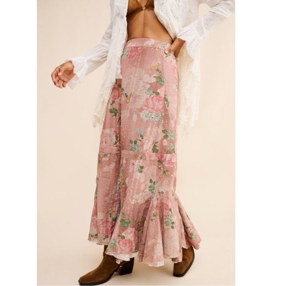 Free People Ethereal Dainty Cottage Bordeaux Floral Maxi Skirt Size Small - Picture 6 of 15